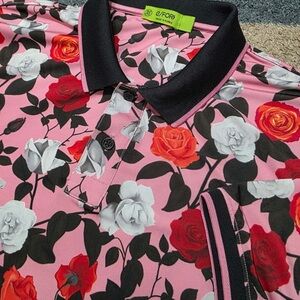 G/Fore Golf Polo Mens Medium L Floral Flowers Performance Pink Red Black